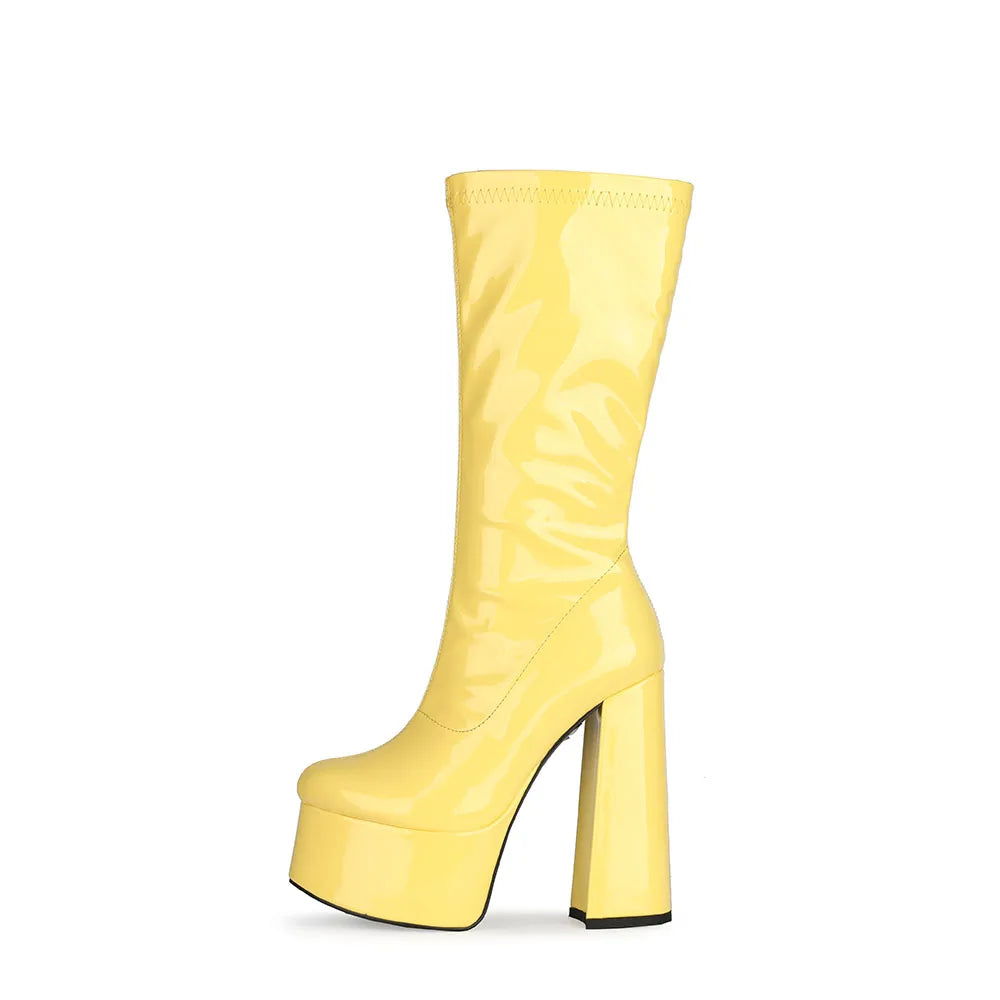 Fashion Bright Color Patent PU Thick Heel Waterproof Platform Ladies Mid Boots for Winter