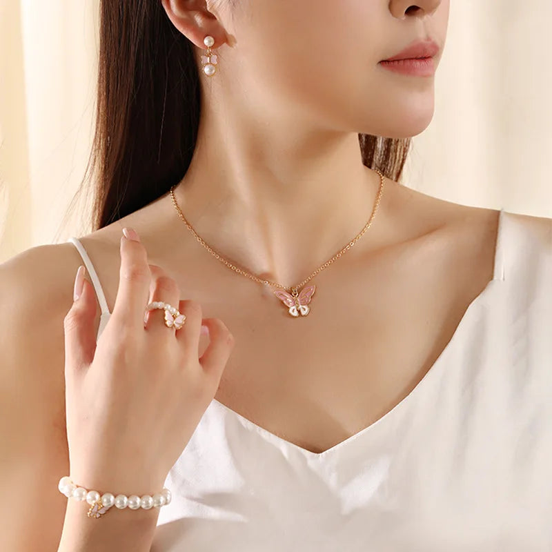 Instagram Simple Butterfly Jewelry Set Fashion Pearl Bracelet Ring Cute Drop Oil butterfly Necklace Earrings Girl