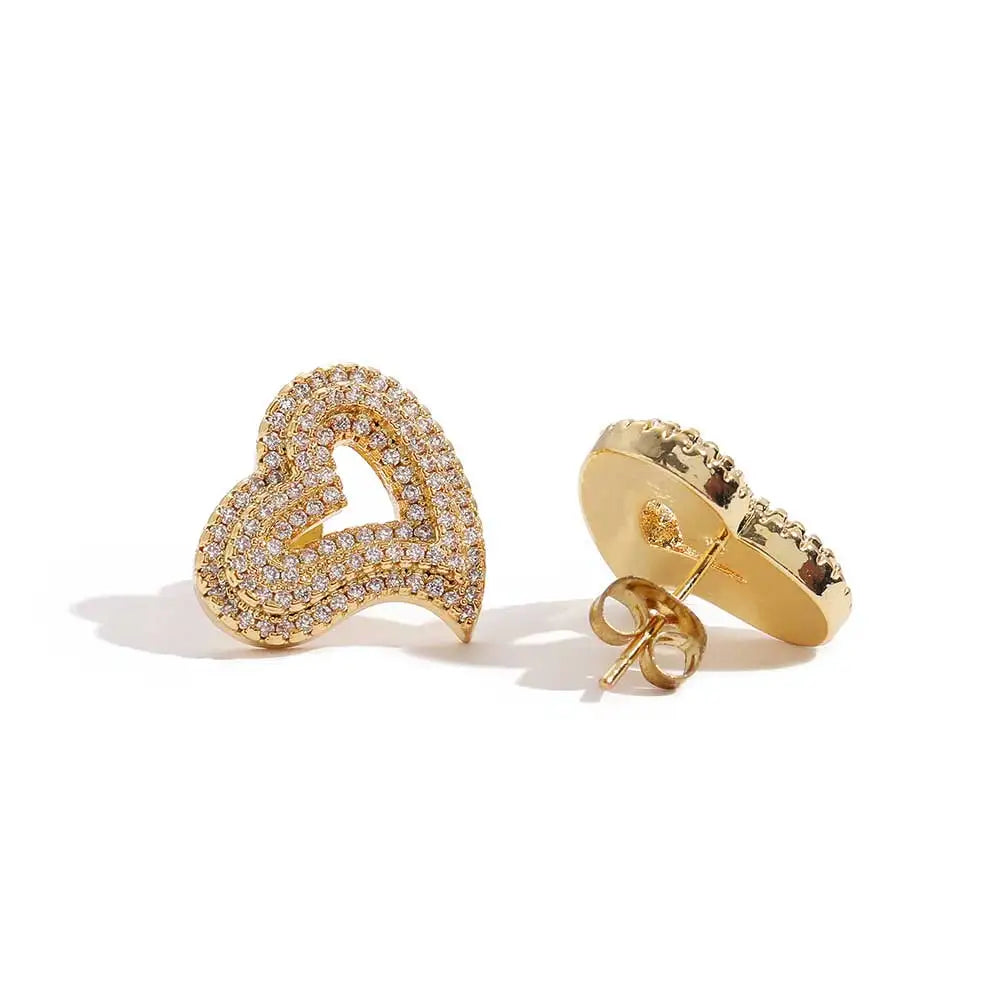 Hip Hop New Style Heart Shaped Earrings Jewelry Iced Out Diamond Silver Gold Plated Heart Stud Earrings Women