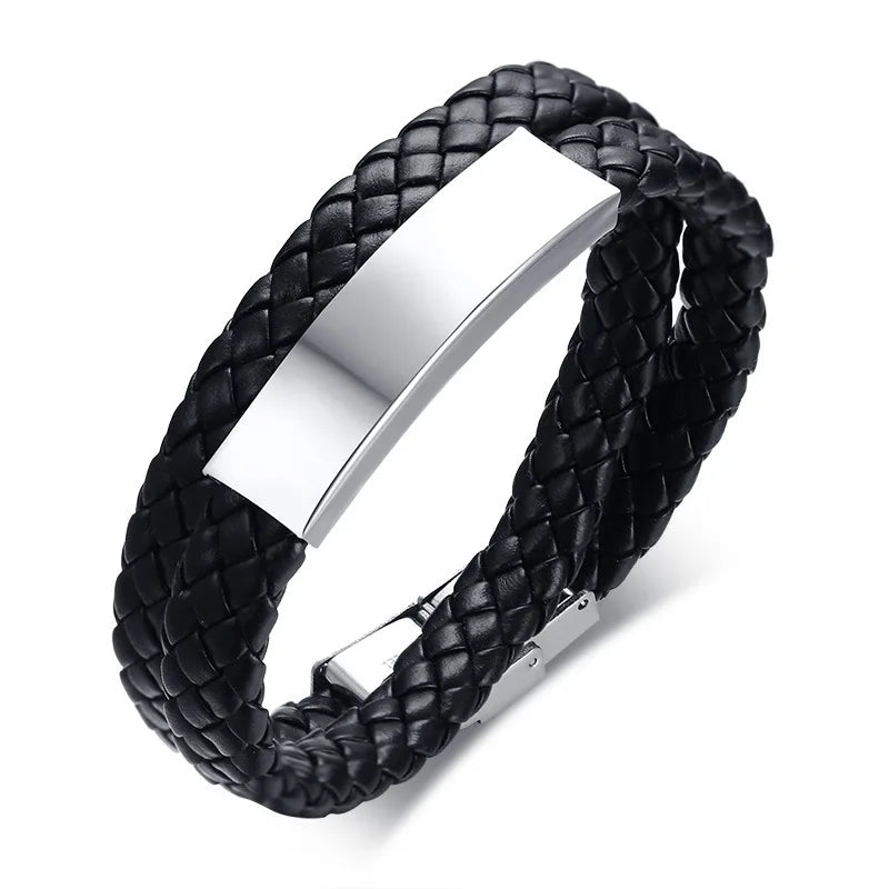 Fashion Mens Double Wrap Blank Bar Leather Bracelet Wholesale Custom Laser Engraving Braided Layered Leather Bracelet for Men