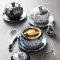 Ceramic Small Stewing Pot With Lid Japanese Underglaze Steamed Egg Cup for Restaurant Soup Bowl Dinner Plate and Spoon