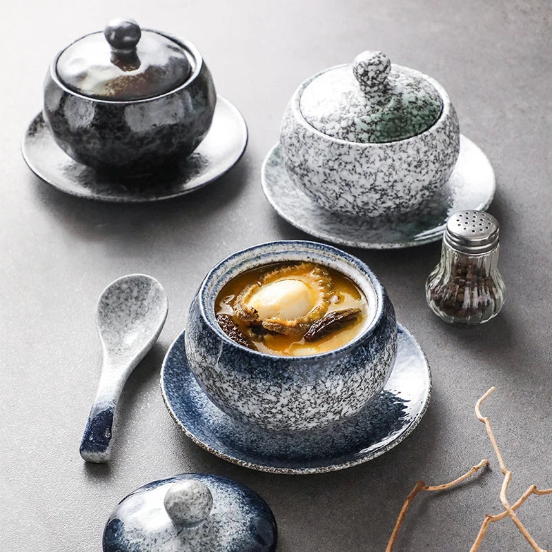 Ceramic Small Stewing Pot With Lid Japanese Underglaze Steamed Egg Cup for Restaurant Soup Bowl Dinner Plate and Spoon