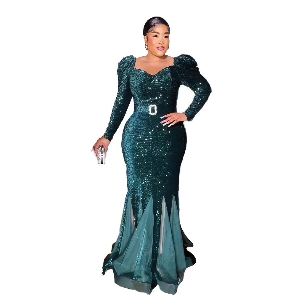 Good Quality African Dresses for Women Clothing Formal Mesh Sequins Africa Party Long Dresses Belt Evening Dresses South Africa