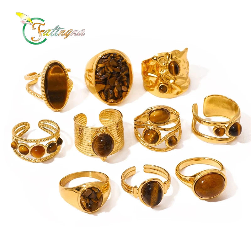 Fatingna J&D Luxury Plated Stainless Steel Open Ring Women's Round Oval Tiger Eye Hammered Wedding Engagement & Gift Jewelry
