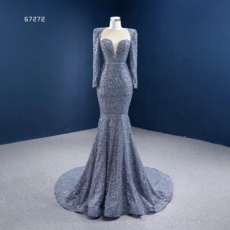 RSM67272 Hight Quality Beading Sequin Long Sleeve Mermaid Evening Dress