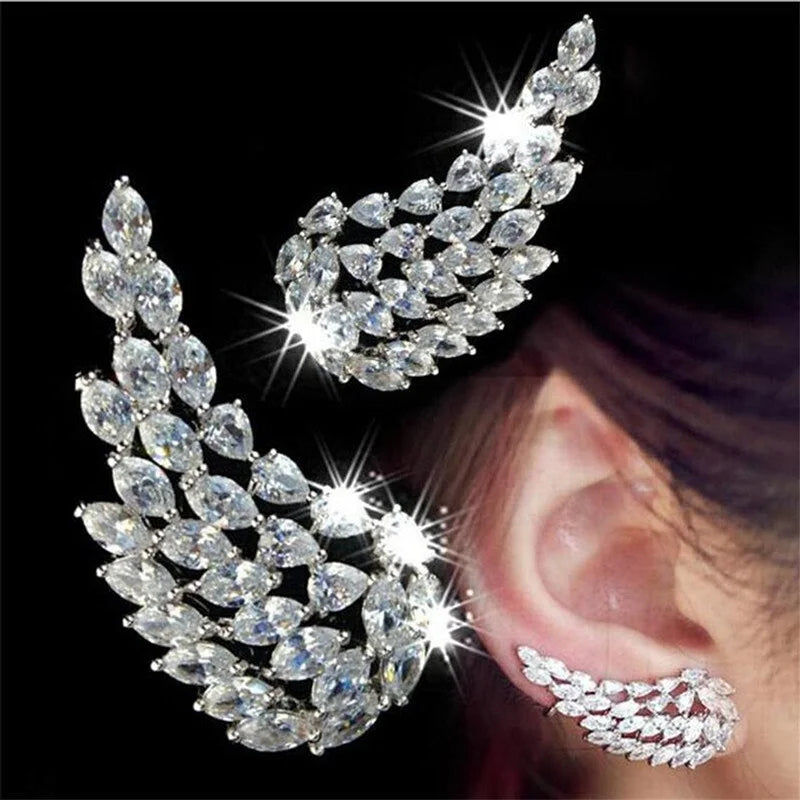 CAOSHI Angel Wing Feather Silver Gold Plated Zirconia Earrings Wedding Engagement Ear Bone Clip Bridal Stud Earrings for Women