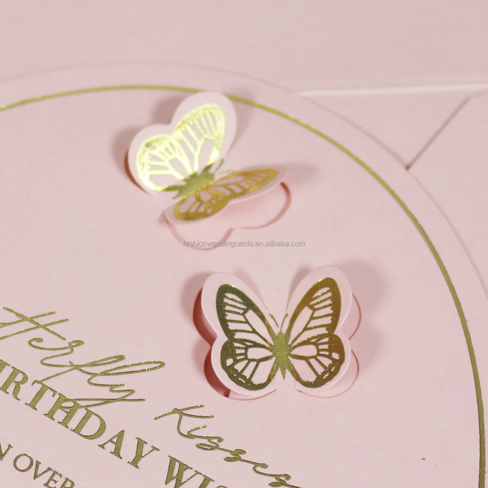 Premium Light Pink and Gold Foil Paper Invitations Romantic DIY Butterfly Quinceanera Birthday Invite Cards