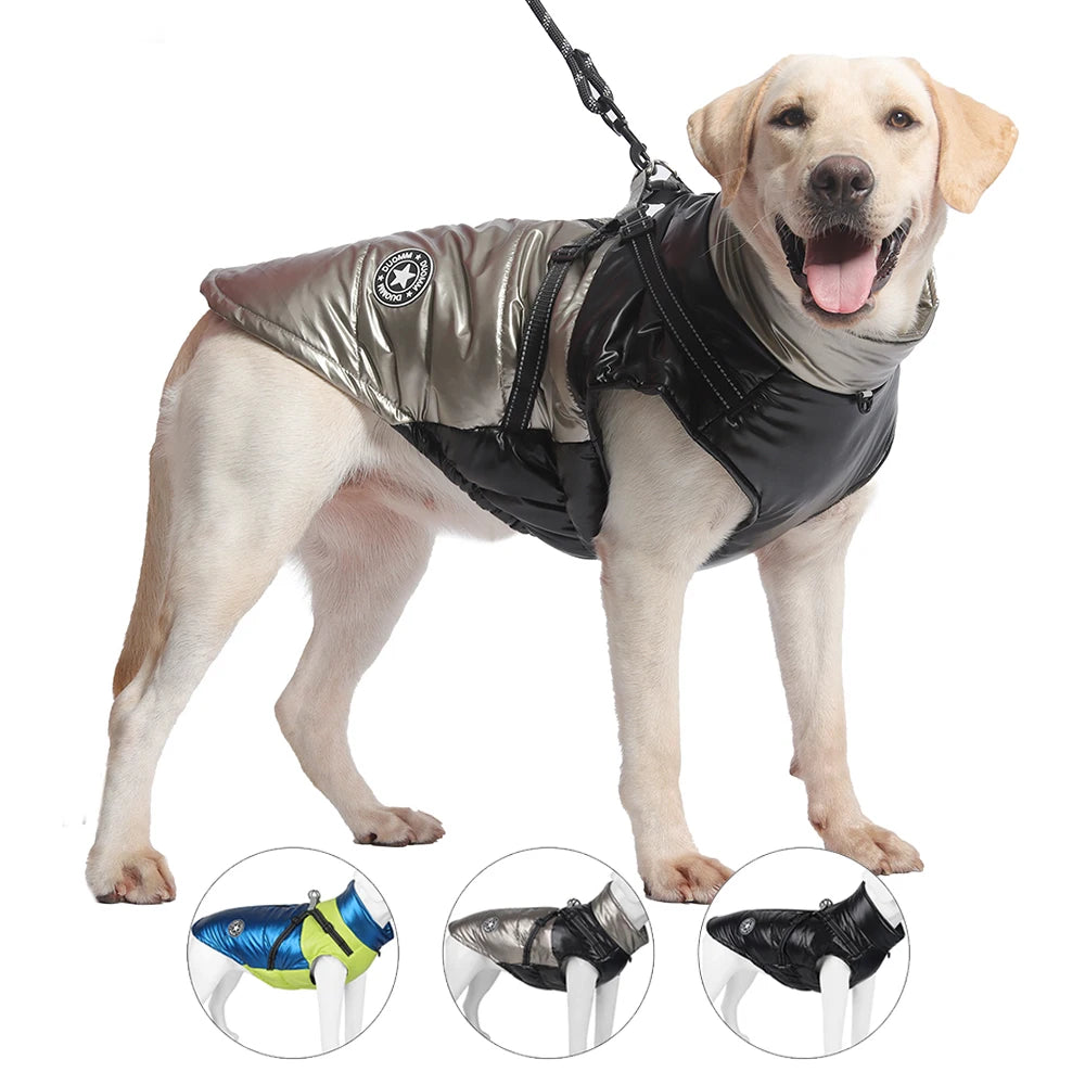 Cold Weather Elastic Belly Reflective Windproof Waterproof Glossy Cotton Padded Winter Large Big Dog Jacket with Harness