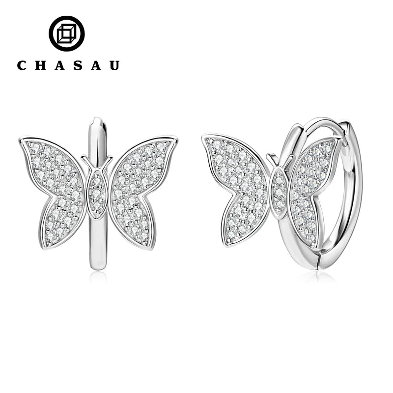 Trendy Sterling Silver D Color VVS 1mm&0.8mm Mossanite Silver Fashion Jewelry Girls Gold Butterfly Wings Hoop Earrings for Women MegaBDM