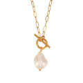 18K Gold Plated Stainless Steel Paper Clip With Pendant Chain Link Big Freshwater Baroque Pearl Charm OT Button Necklace