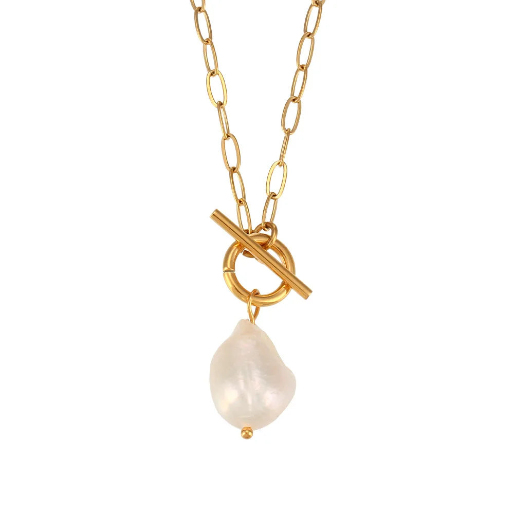 18K Gold Plated Stainless Steel Paper Clip With Pendant Chain Link Big Freshwater Baroque Pearl Charm OT Button Necklace