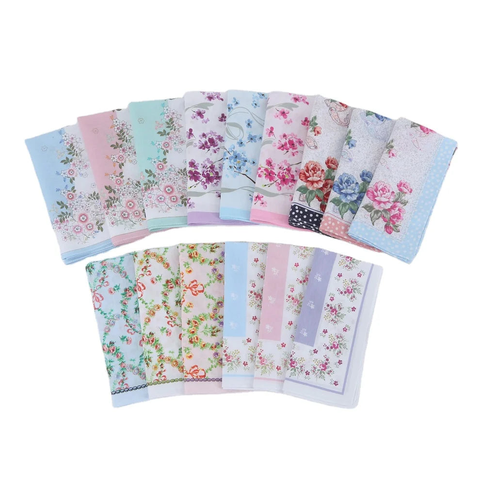 Women's Vintage 17*17in Floral Printing Handkerchiefs Assorted Colors Ladies Soft Combed Cotton Hankies for Wedding Gifting