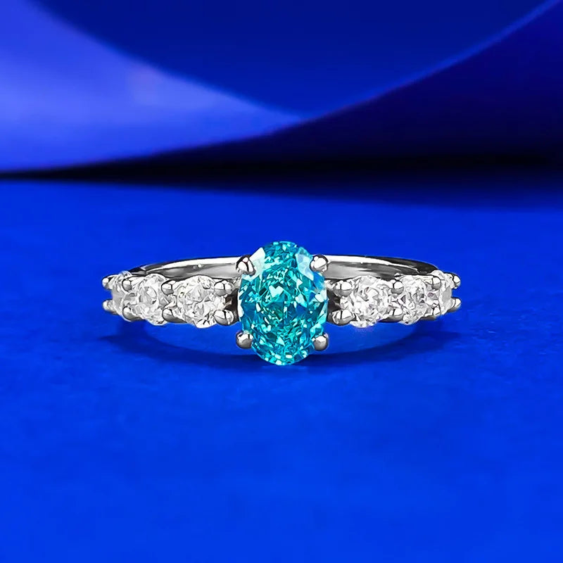 Silver 925 Jewelry Factory Color Oval Cut Rhodium Plated 5*7mm Tarnish Resistant Zirconia Paraiba Ring for Women Wholesale