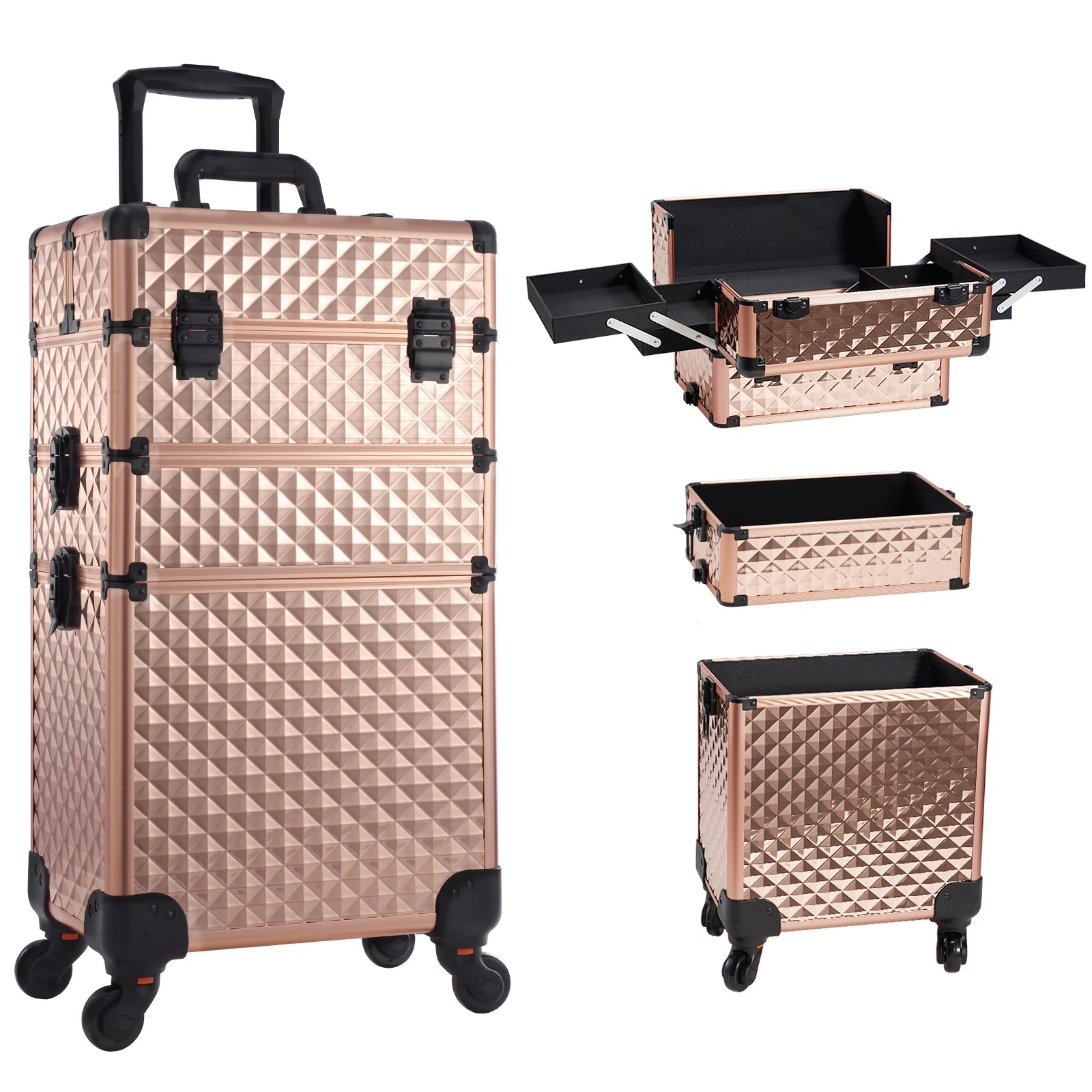 Professional 3-in-1 Aluminum Cosmetic Organizer Lockable Large Capacity Storage Box Portable Compartments Trays Eco-Friendly