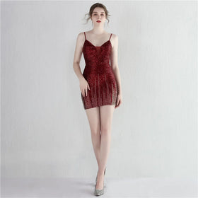 19215# Fancy Beaded Party Party Cocktail Sequin Banquet Short Strap Evening Dress
