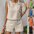 Women's Casual Fashion Two-Piece Summer Set Solid Color Sleeveless Vest Top and Shorts Above Knee Length Loose