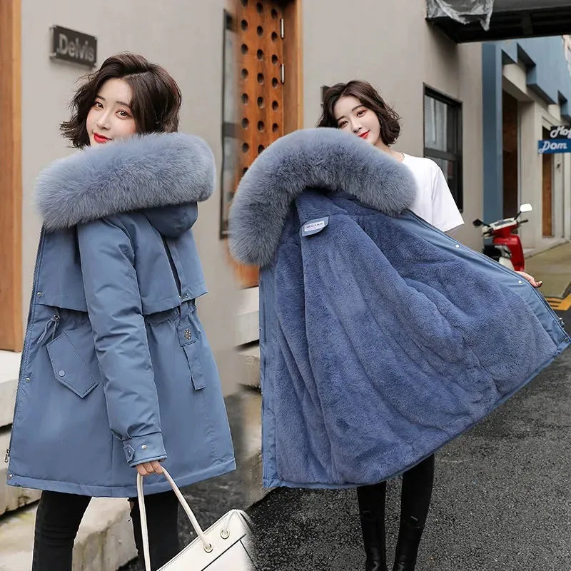 2024 New Winter Jacket Women Parka Fashion Long Coat Wool Liner Hooded Parkas Slim With Fur Collar Warm Snow Wear Padded Clothes