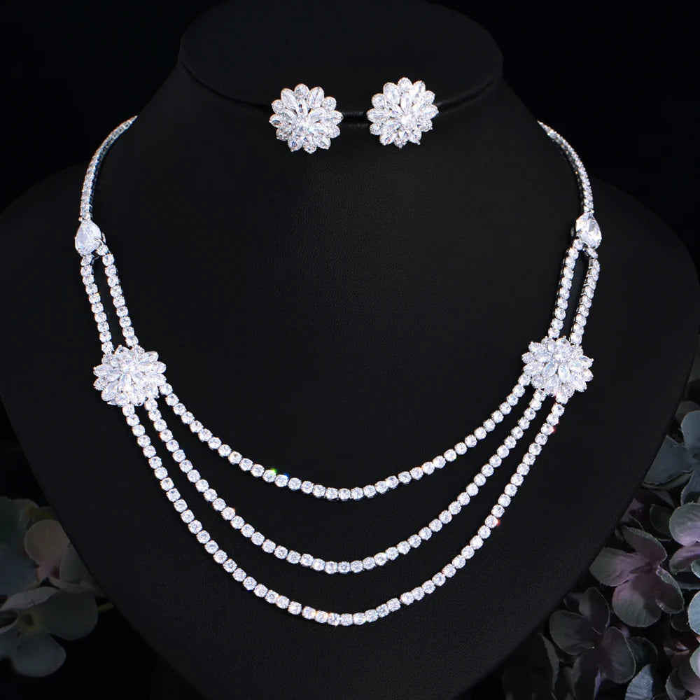 Luxurious White Cubic Zirconia Big Flower Multi Layered Necklace Wedding Party Costume Jewelry Sets for Brides