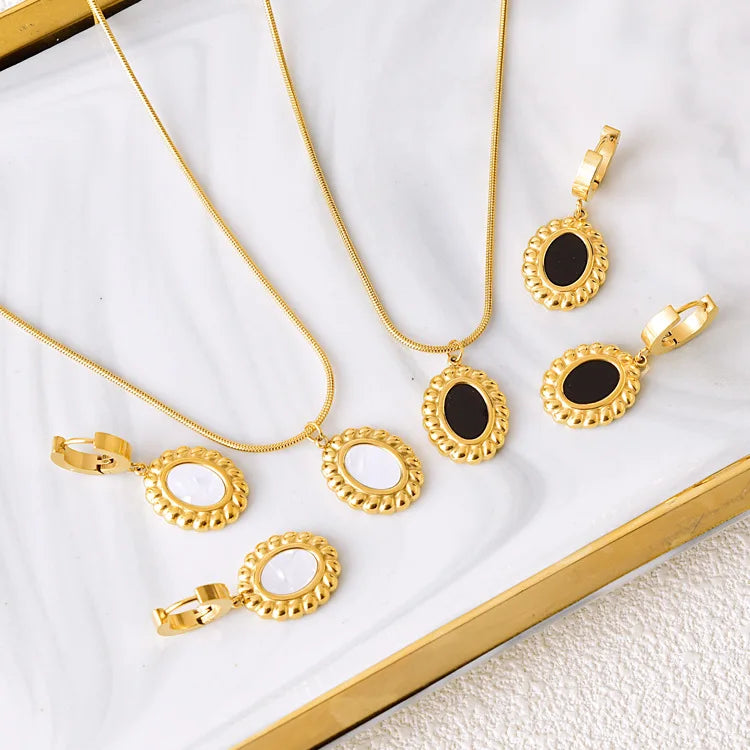New 2pcs Stainless Steel Oval Shell Earrings and Necklace Set Women Tarnish Free 18k Gold Plated Jewelry Set