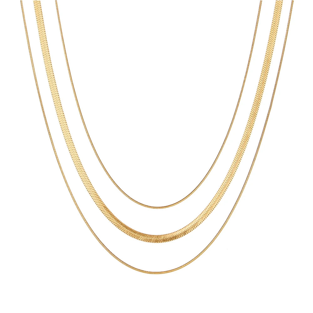 18K Gold Plated Miami Double Layered Snake Chain Necklaces Stainless Steel Thin Snake Chain Necklaces for Women Men
