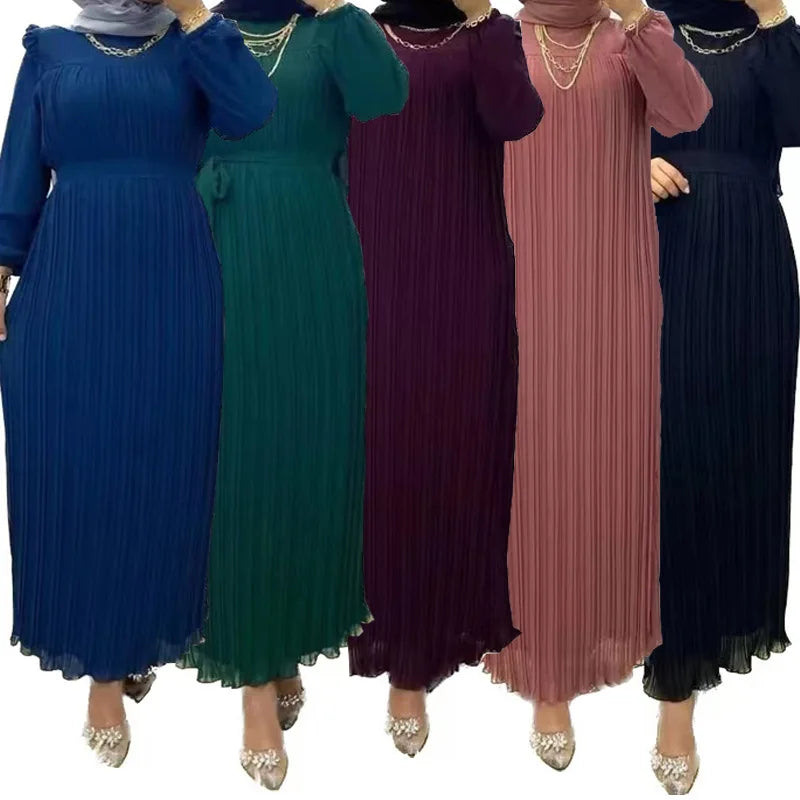 Zifeng OEM Latest Hot Selling Solid Color Islamic Women's Clothing Pleated Chiffon Dress CE