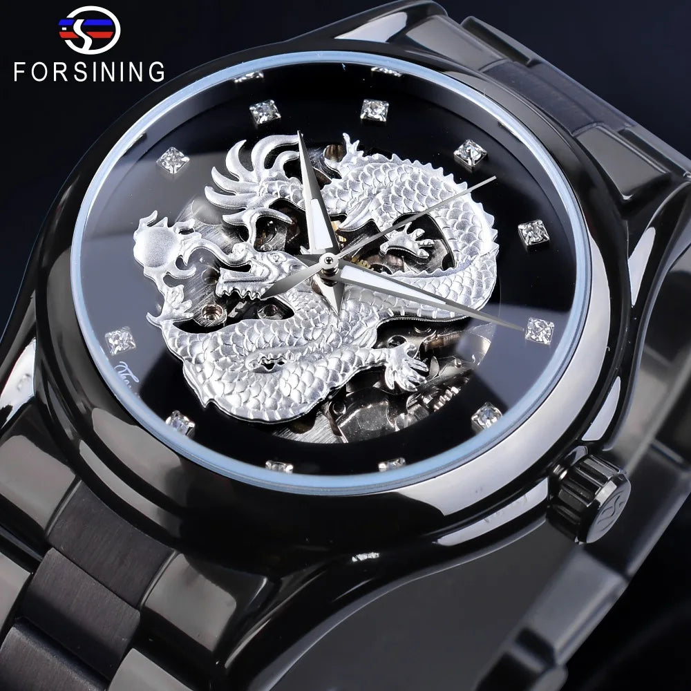 Forsining Silver Dragon Automatic Mechanical Men Wrist Watch Full Stainless Steel Strap Clock Waterproof Men's Watches