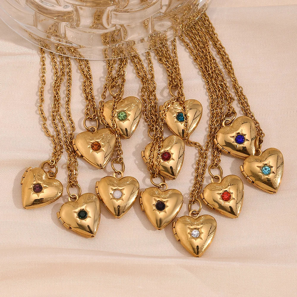 Minimalist Heart Love Charms Pendant Necklace Stainless Steel 18K Gold Plated Diamond Cubic Zirconia Birthstone Locket Necklaces