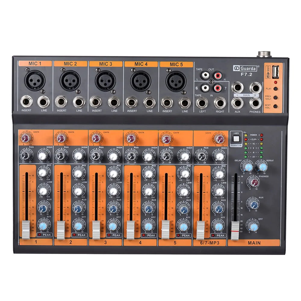 Portable 7-Channel Mic Line Audio Mixer Mixing Console 3-band EQ USB Interface 48V Phantom Power with Power Adapter