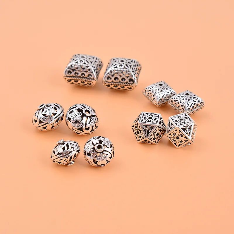 Retro Engrave Flower Round Beads 925 Sterling Silver Hollow Polygon Charm Beads for Jewelry Making Accessories