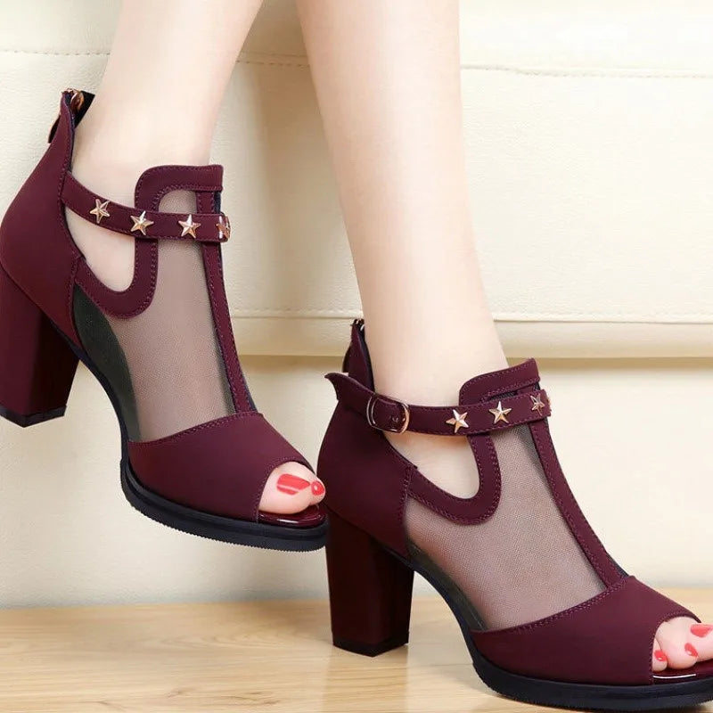 Ladies Party Wedding High Heels Shoes Summer New Women's Fashion Sandals Open Toe Thick Heels Lightweight Solid Color Large Siz