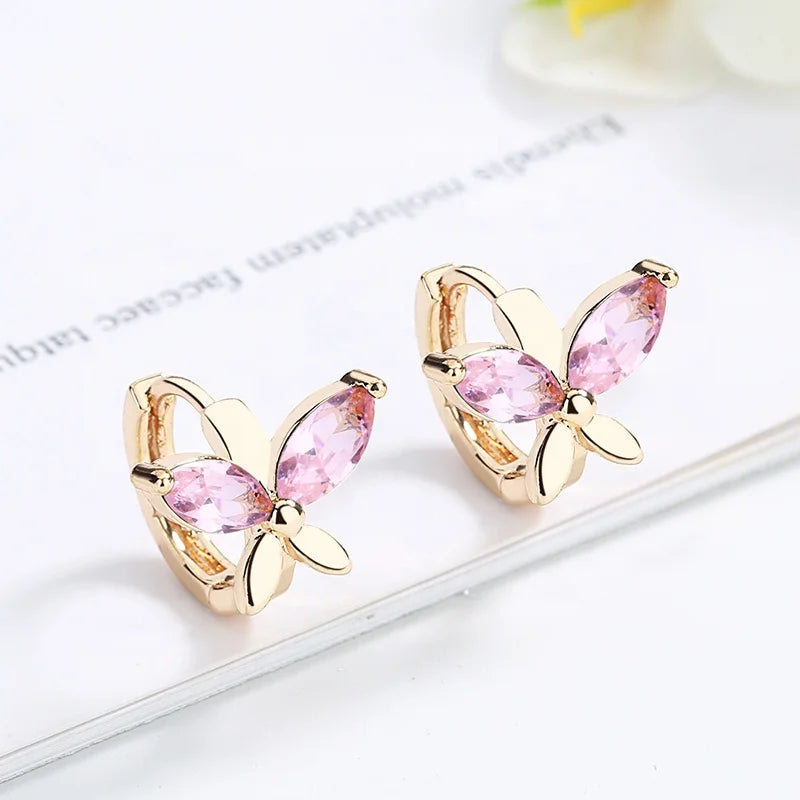 Hengdian Trendy Women's 18K Gold Plated Butterfly Earrings Copper Huggie Hoops with Zirconia Stones Gift Jewelry