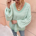 Autumn and Winter New V Neck Sweater Pullover Striped Sweater Women Loose Women Clothing Top
