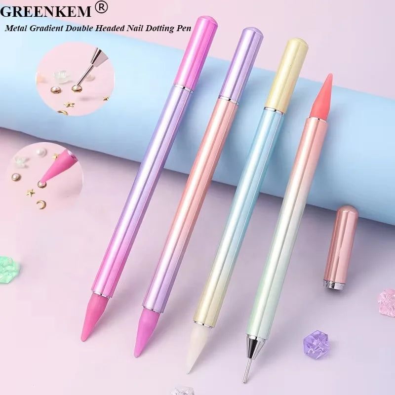 New Metal Gradient Double Headed Nail Dotting Pen With Magnet Cap Dot Rhinestones Nail Tool Nail Art Wax Dotting Pen