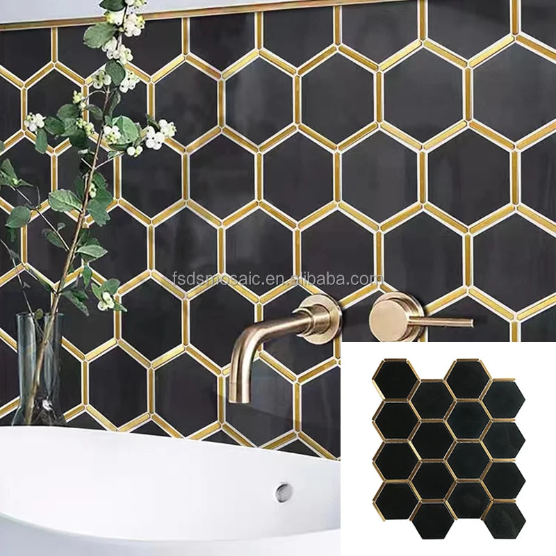 Hexagon Shape Black Color Luxury Tiles Kitchen Wall Tiles Basket Weave Marble Stone Mosaic Floor Tiles