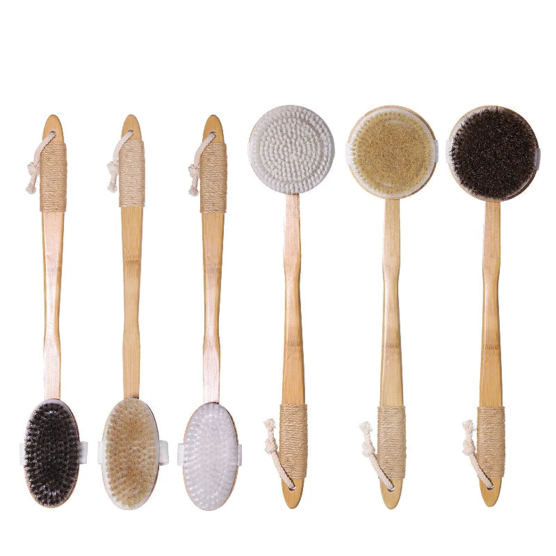 Natural Bamboo Long Handle Exfoliating Bath Brush for Shower Back Body Scrubber Brush Eco Friendly Bristle