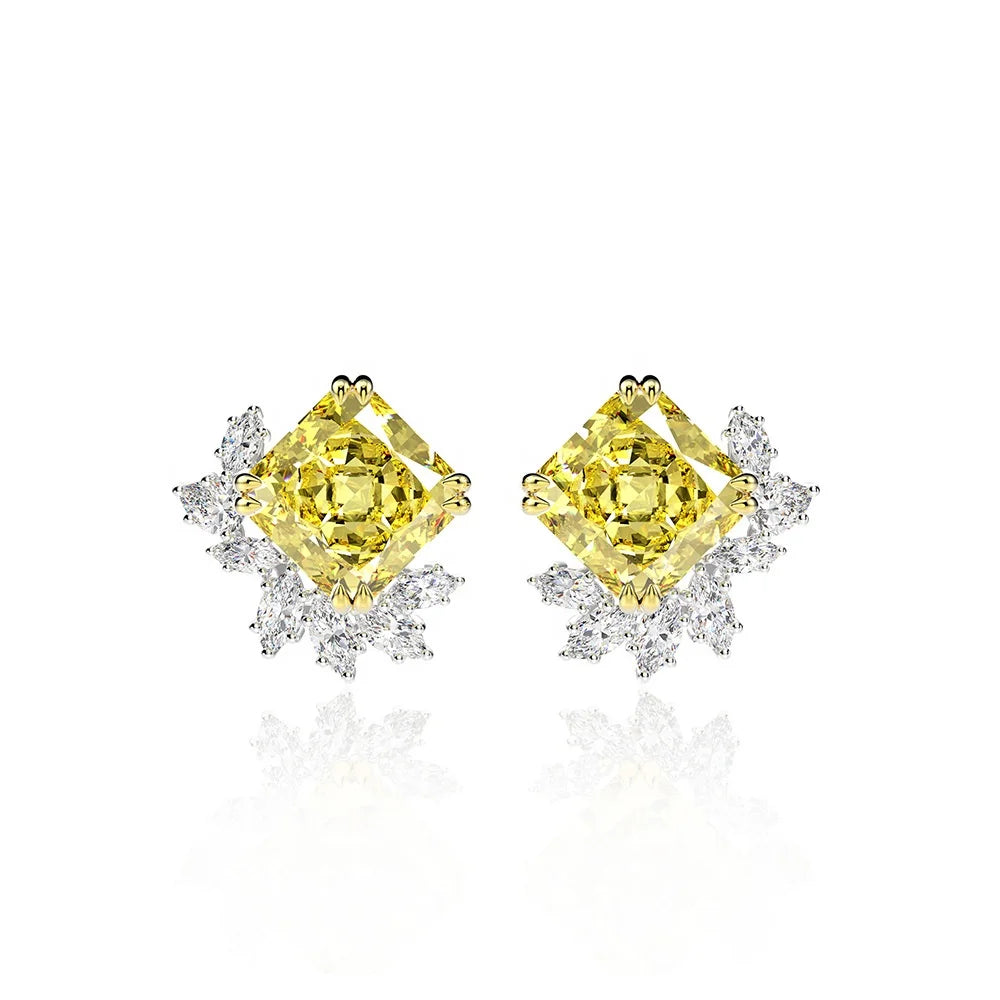 Sterling Silver Flower Square 10*10 mm 8A CZ Canary High Carbon Diamond Earrings Jewelry All-match Gift for Girls
