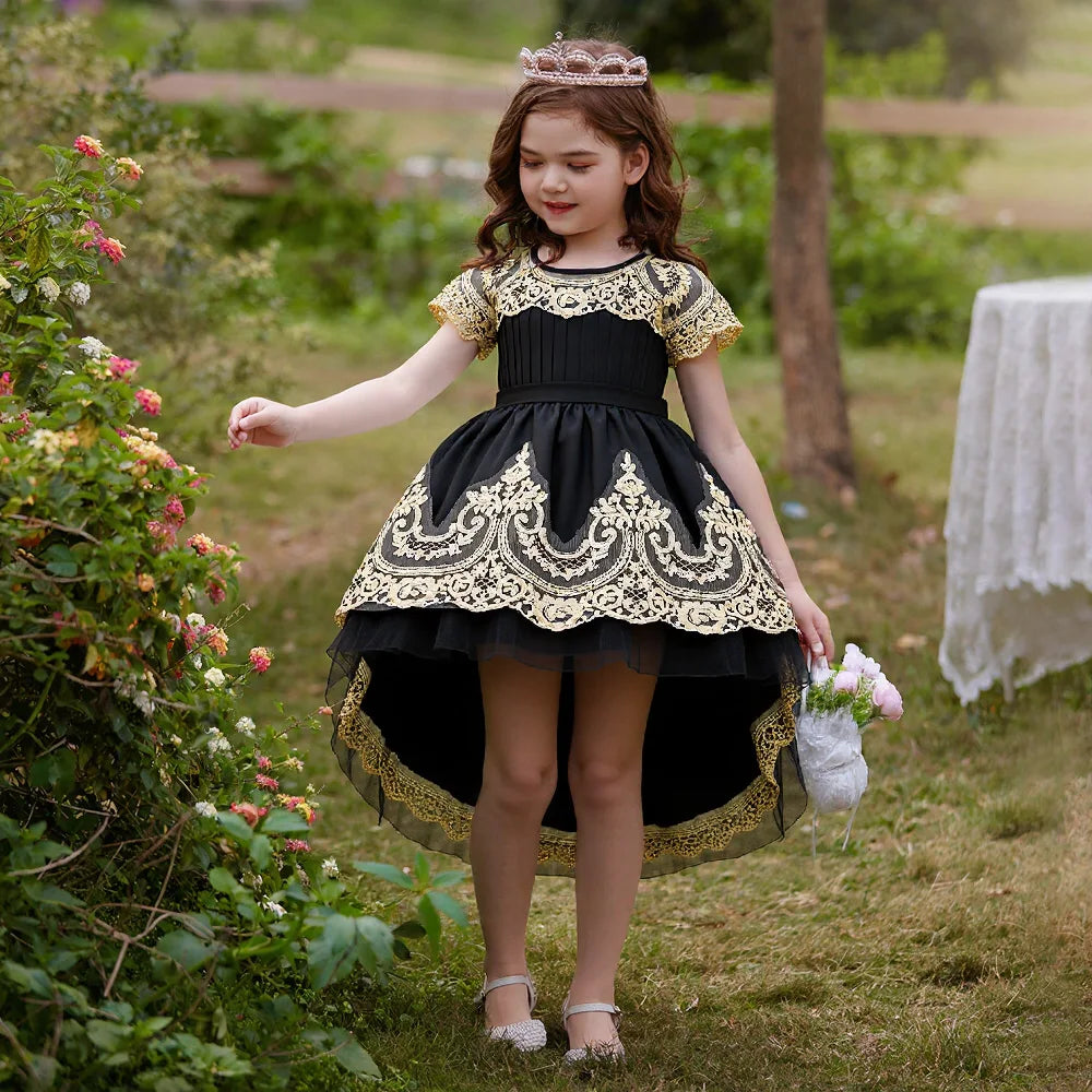 FSMKTZ Short Sleeve Embroidery Dress Fluffy Satin Flower Girl Performance Wedding Dress Gowns for Kids Girls Dress