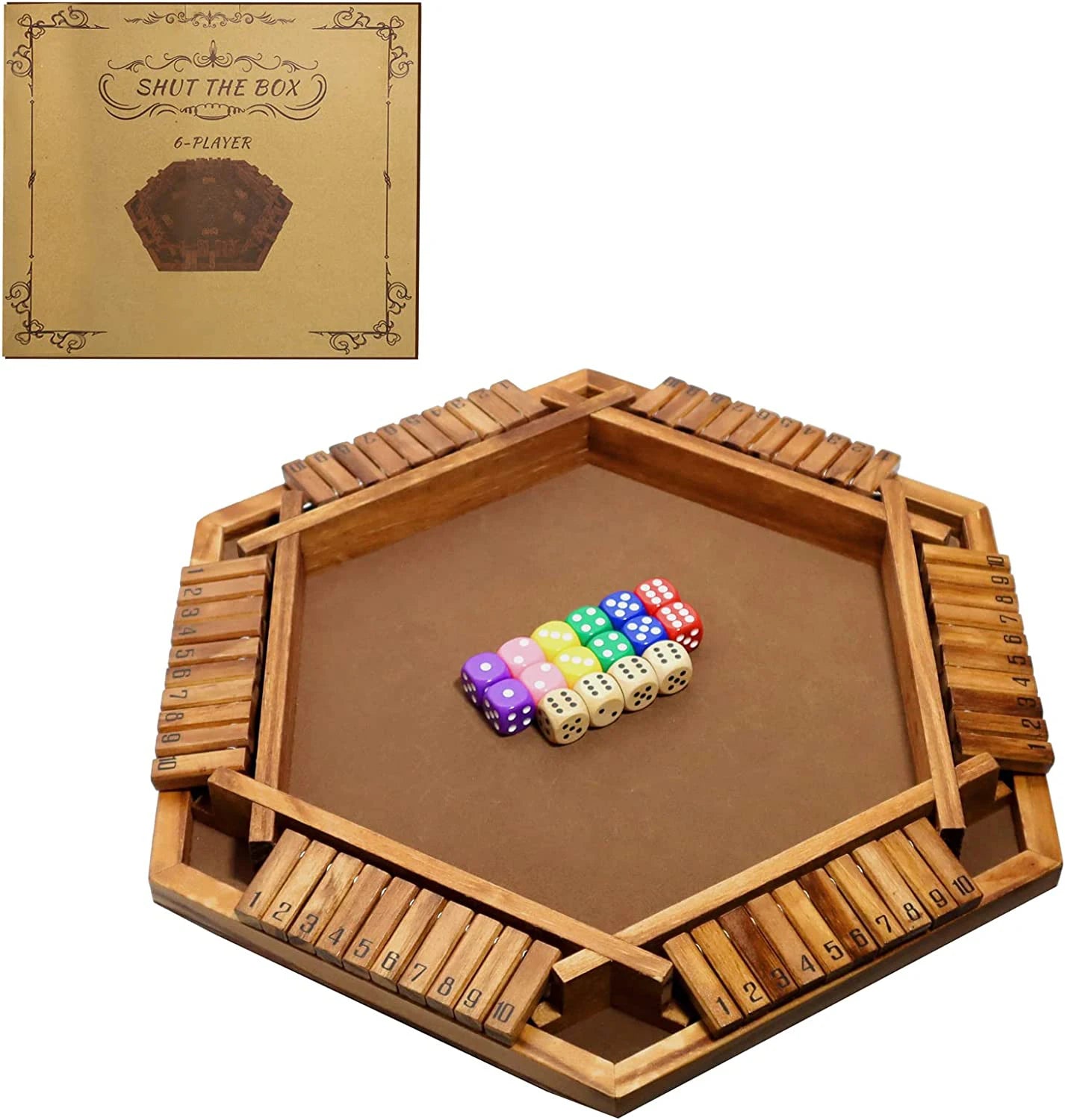 Shut the Box Game Wooden for 2-6 Players Wooden Board Table Math Game with 16 Dice Board Game for Home Party or Pub for Kids
