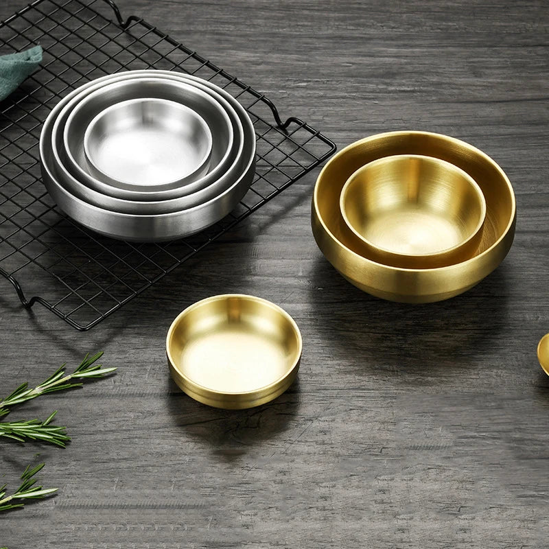 Double Wall Gold Stainless Steel Tomato Salad Pepper Sauce Dish Golden Soy Sauce Dish Food Barbecue Round Small Dish
