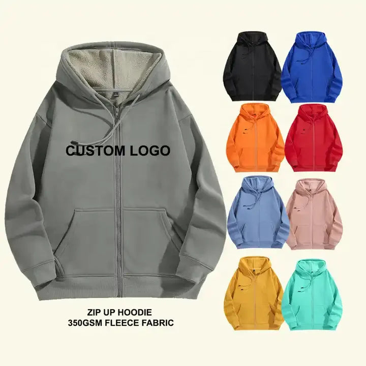 Custom 350gsm Blank Full Zip up Hoodie Fleece Oversized Heavyweight Black Red Winter Warm Casual Puff Printing Hoodie
