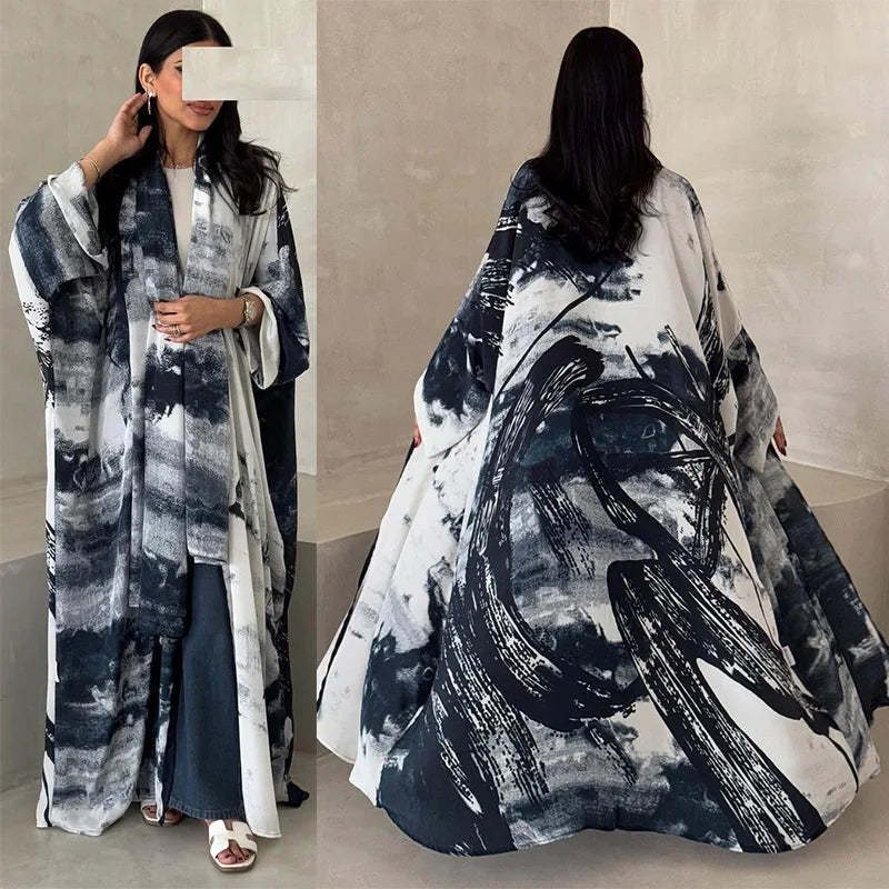 MQ228 Traditional Muslim Clothing Printed Chiffon Open Abaya Women Muslim Dress Cardigan Islamic Clothing Women Modest Abaya
