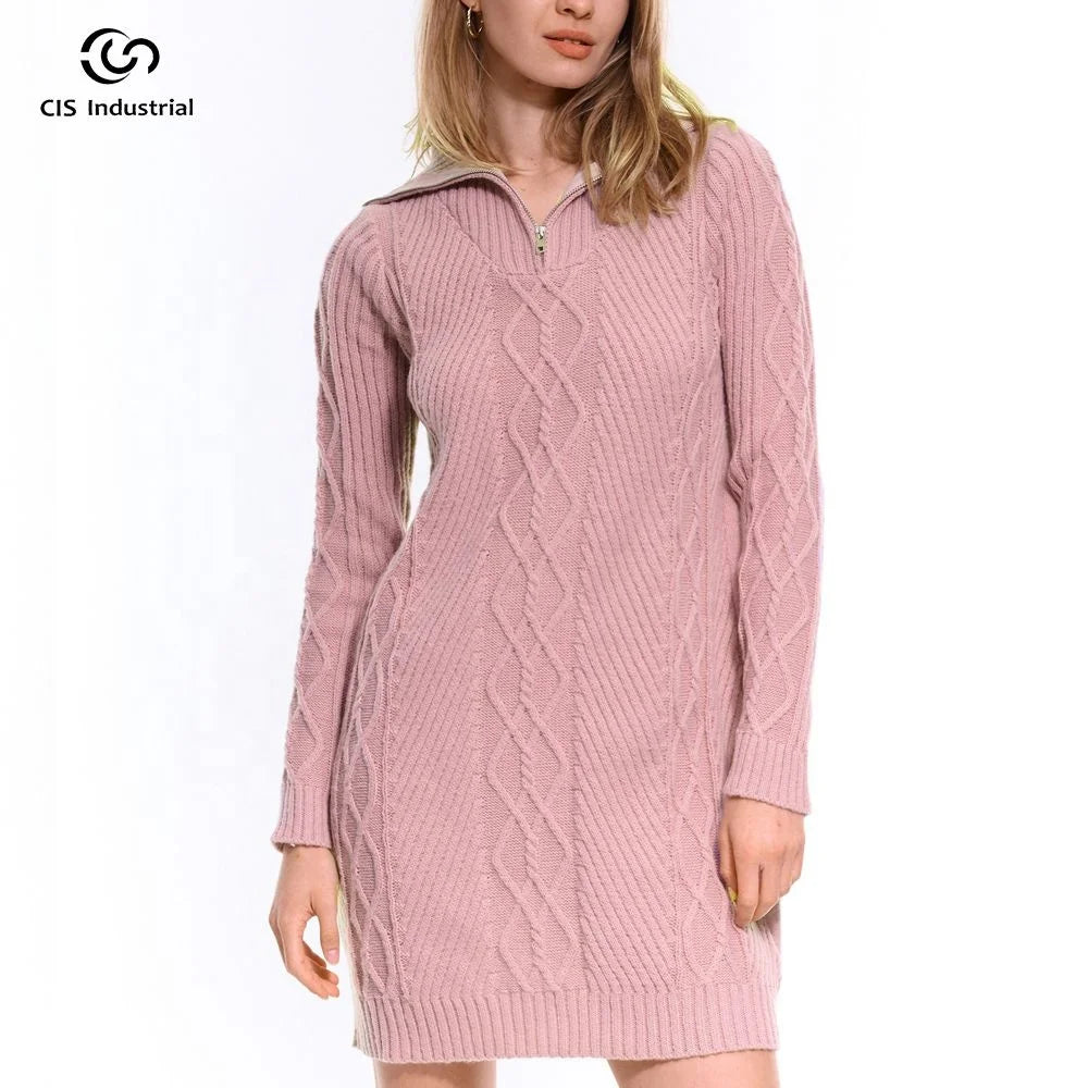 Women's Vintage Jacquard Sweater Dress Custom Zip-up Crocheted Casual Knitwear for Winter Fashionable One-piece Vintage Style