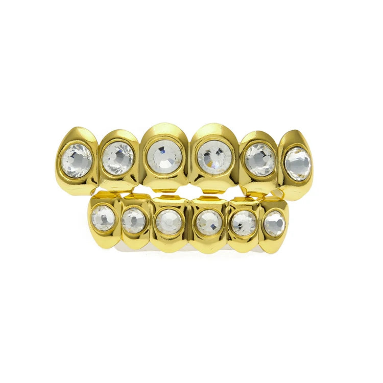 Cheaper Price Hiphop Gold Color Teeth Grillz Top & Bottom Grill Set With Big Round Diamond Copper Dental Grillz Set