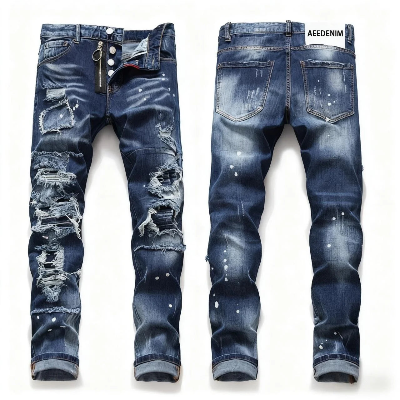 Wholesale Men Custom Logo Plus Size Ripped Denim Slim Baggy Stacked Trousers Straight Jeans Spandex/Cotton Streetwear