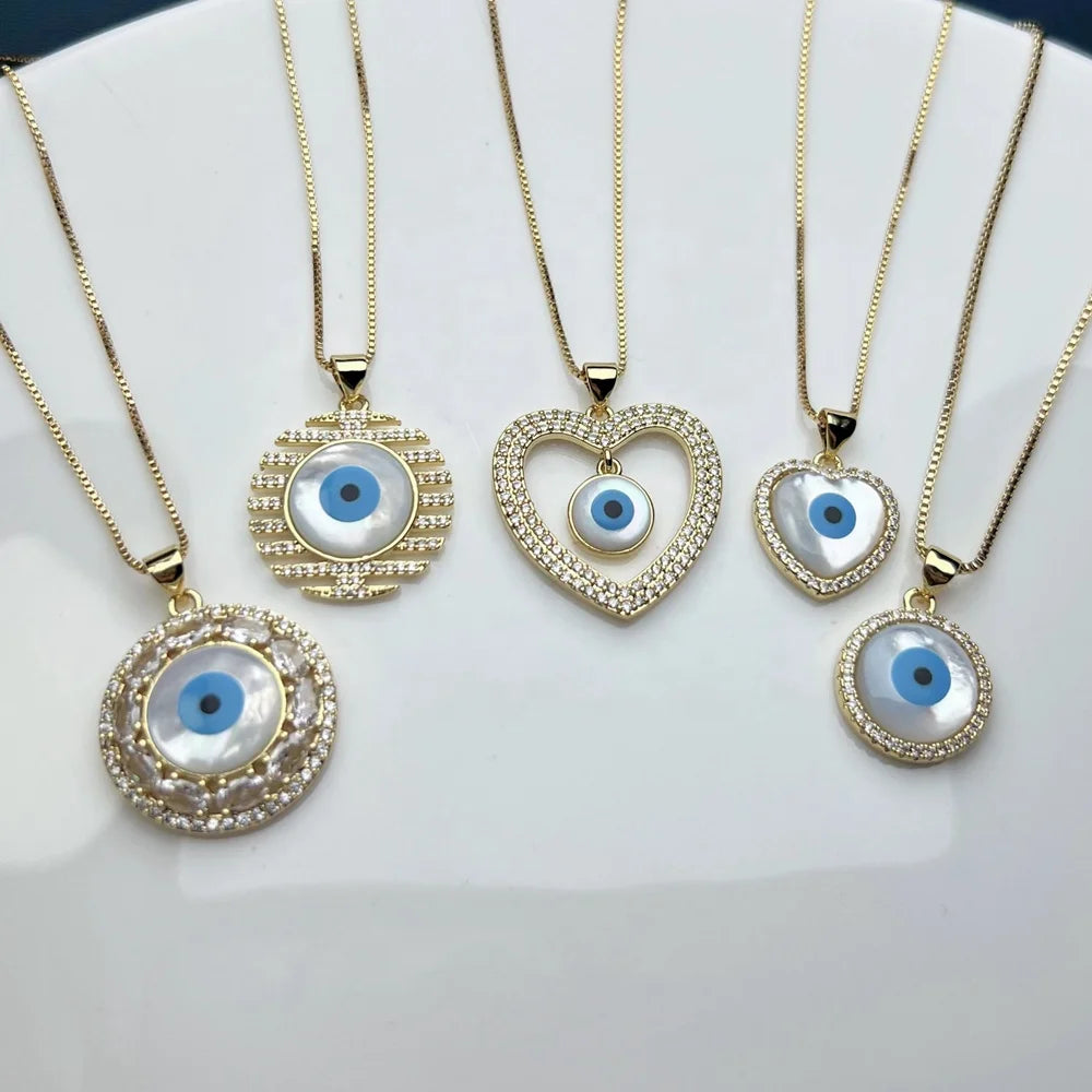 Heart Round Evil Eye Pendant Necklaces Women Fashion Metal Mother Pearl Shell Zircon Charms Neck Wholesale
