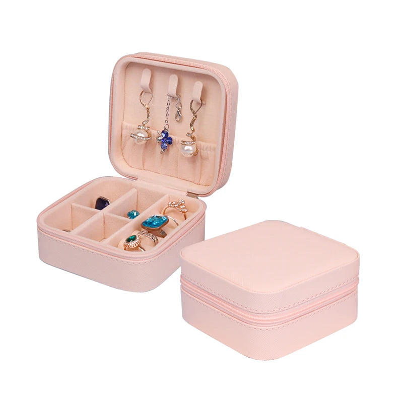 Custom Pink Leather Portable Travel Jewelry Storage Box Organizers Jewelry Ring Earring Pendant Necklace Packaging Gift Box