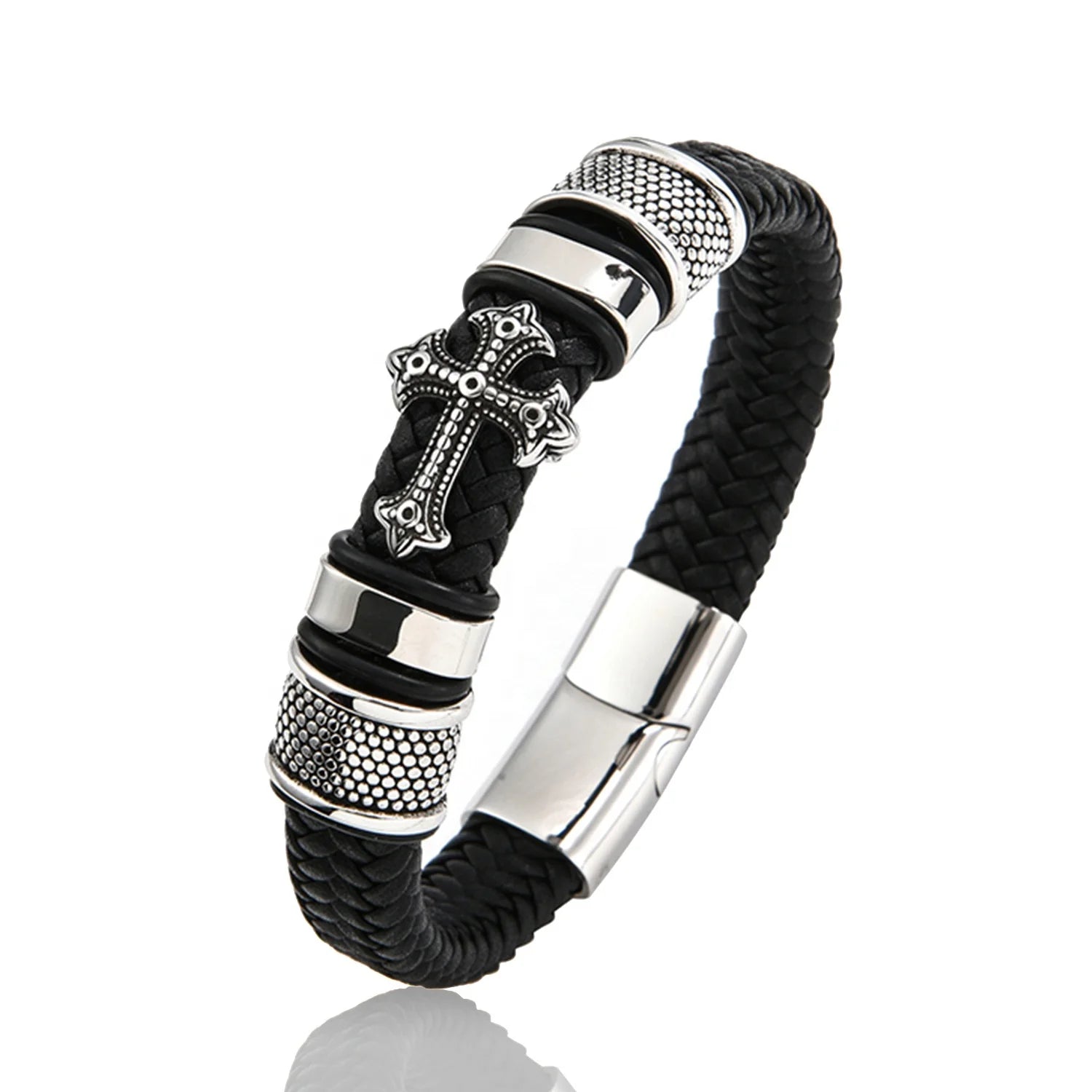 New Stainless Steel Cross Fashion Bracelet Personality Multilayer Woven Leather Jewelry