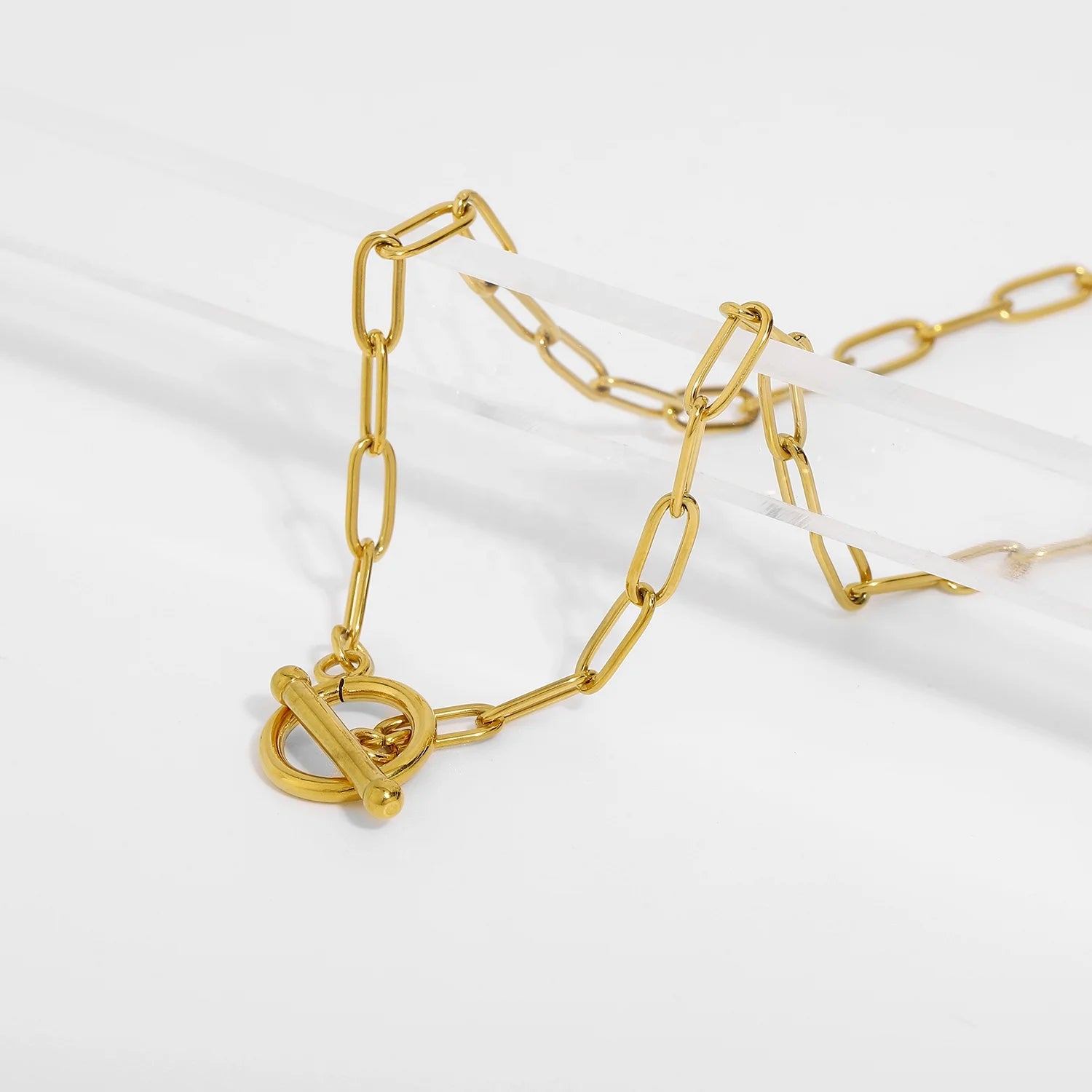 Fashion Gold Plated Stainless Steel OT Stick Buckle Choker Necklaces for Women Casual Sporty Rectangle Link Chain Necklace Gifts