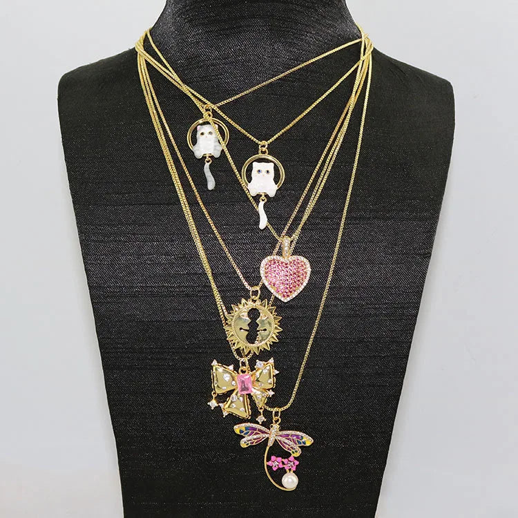 NZ1385 Chic Unique 18K Gold Plated Zircon CZ Diamond Halo Cute Cat Heart Crescent Moon Face Pendant Chain Statement Necklace