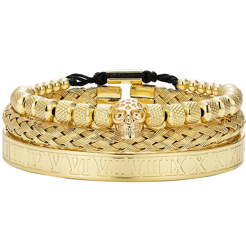 Fashion Wholesale Non Tarnish Jewelry 18K Gold Plated Stainless Steel Skull Charm Bracelet Bangle for Women Men